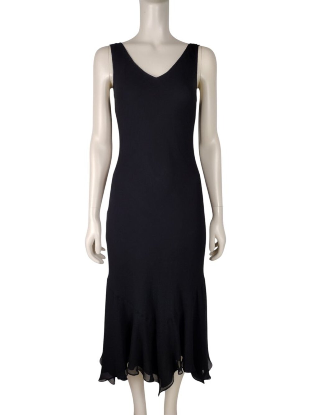 Vintage 1990s Black 100% Silk Bias Cut Ruffed Hem Sleeveless Sheath Midi Dress 6